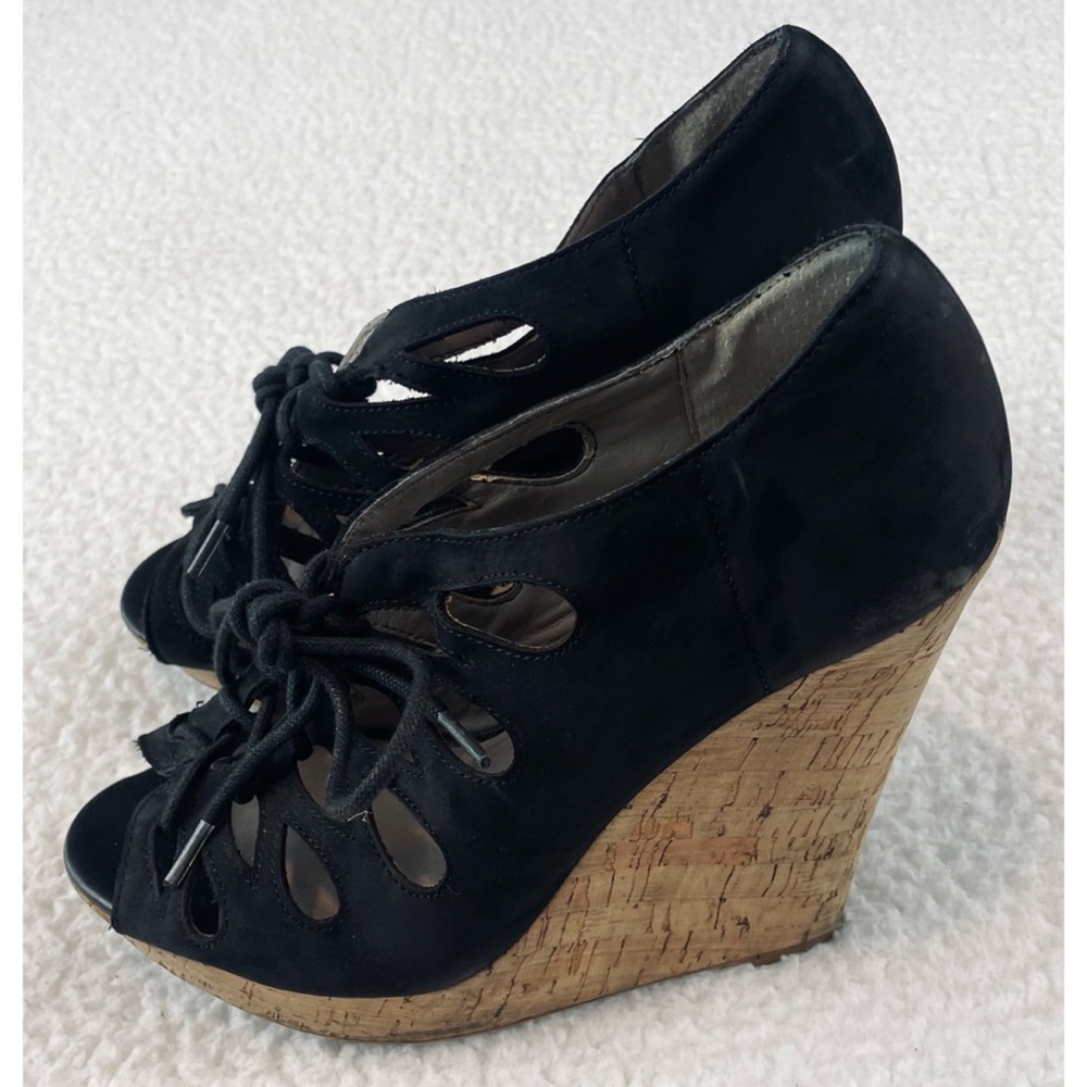 HINGE • Lea Black Suede Leather Lace-Up Cork Sandal Wedges, 8 - Picture 5 of 16
